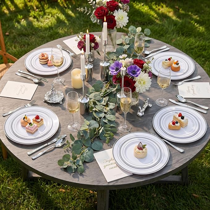 I00000 100pcs Silver Plastic Plates, Disposable Plastic Party Plates with White Silver Rim Fancy Wedding Party Plates Include 50 Dinner Plates 10.25" and 50 Dessert Appetizer Plates 7.5"