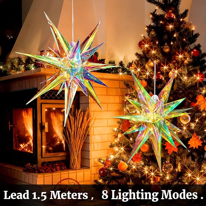 SUNBEAUTY 24 Inches Iridescent Christmas Lights Stars Lanterns Christmas Lanterns Hanging Moravian Star 3D for Wedding Birthday Christmas Home Party Decorations