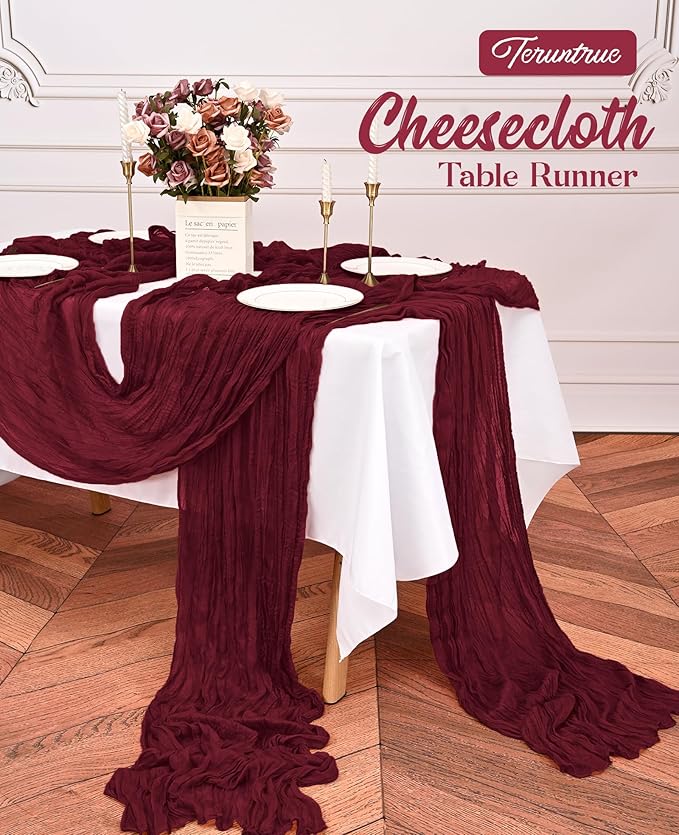 20 Pack Burgundy Table Runner 10FT Long Cheesecloth Table Runner Cheese Cloth Gauze for Wedding Party Birthday Decoration-Burgundy