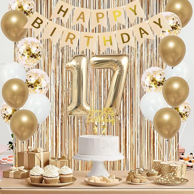 Trgowaul 17th Birthday Decorations for Girls, Happy Birthday Banner, Sash and Crown, 17 Number Balloon, Fringe Curtains, Champagne Gold 17-Year-Old Old Party Supplies