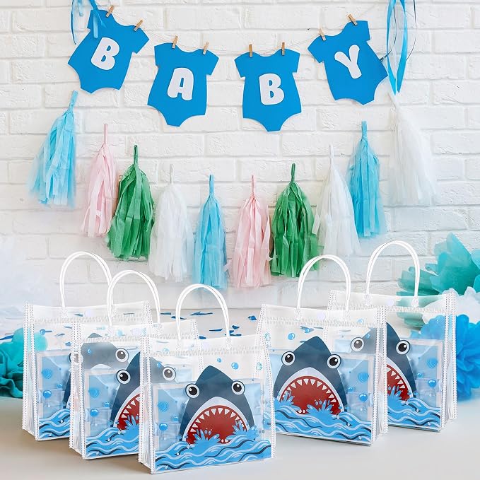 Hosuly 24 Pcs Shark Party Favor Bags with Handles, Clear PVC Blue Shark Candy Goodie Gift Bags for Summer Ocean Sea Baby Shower Birthday Party Favors Supplies, 7.9 x 7.9 x 3.1 Inch