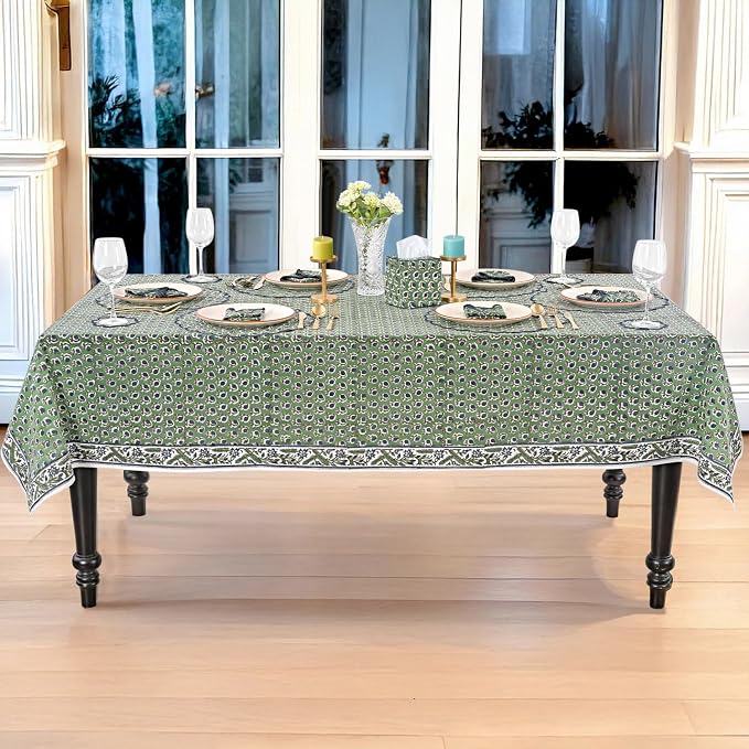 Ridhi Basil Green Hand Block Print Cotton Rectangle Tablecloth 118" x 70" inches Reusable Table Cover Decorative Everyday Use for Dining Room, Farmhouse, Home Gift for Spring, Mother's Day