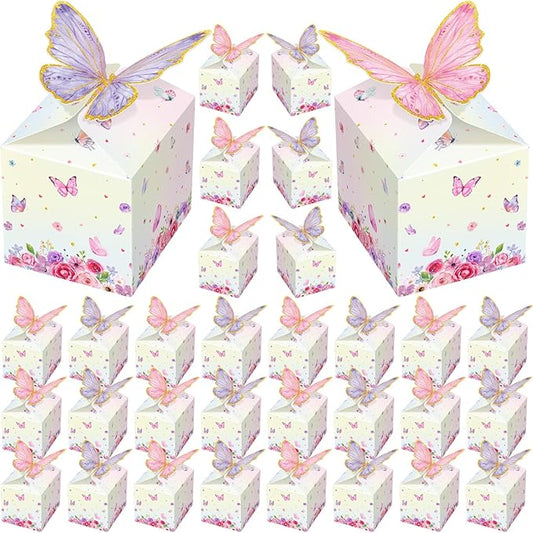 Qilery 48 Pcs Butterfly Party Favor Treat Boxes Pink and Purple Floral Goodie Gable Candy Box Gift Boxes Paper Butterfly Decorations for Birthday Party Supplies Chocolate Present Wedding Baby Shower