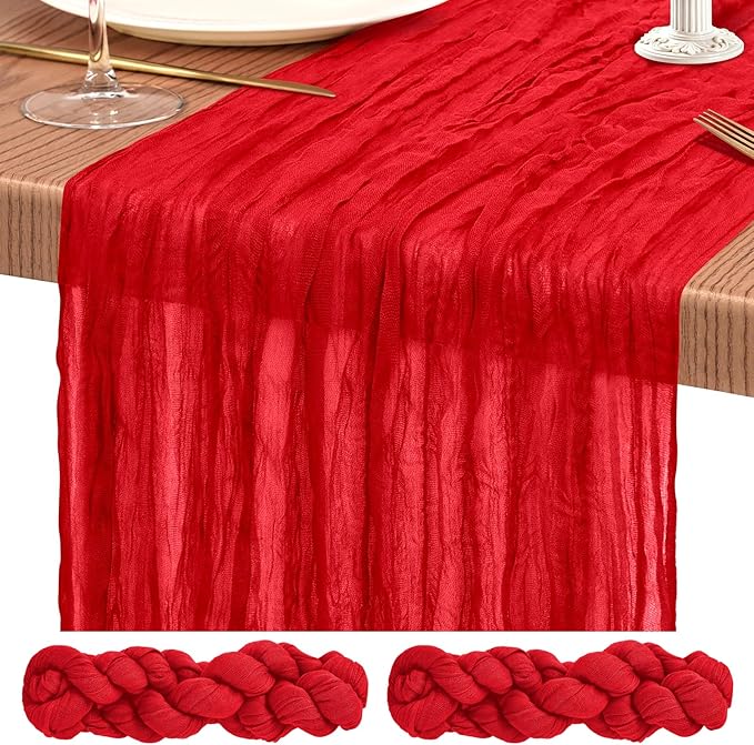 2 Pack Cheesecloth Table Runner 10FT Red Table Runner Boho Gauze Cheese Cloth Table Runners Long Rustic Sheer Table Decorations for Wedding Party Baby Bridal Shower Birthday Holiday Home