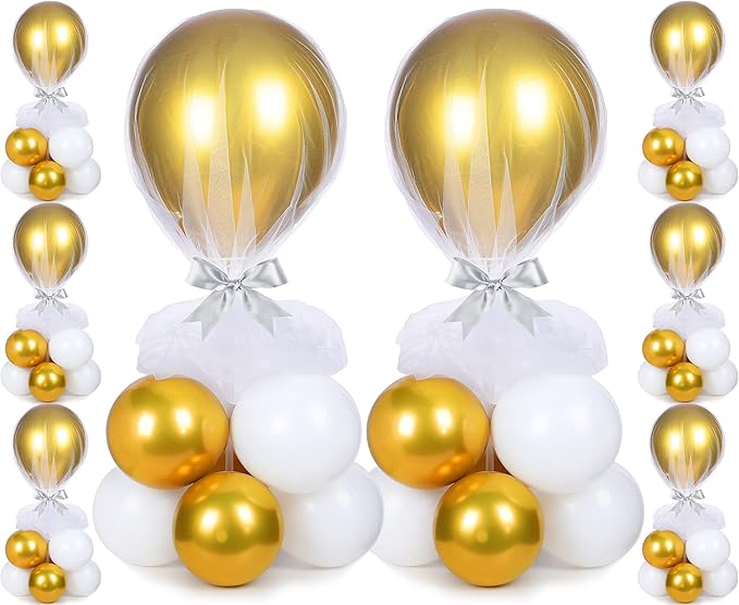 BBTO 8 Set Gold and White Table Centerpieces Balloons Stand Kit, Latex Balloons and Table Stand Holder with Base Tulle for Wedding Birthday Grad Prom Centerpieces Party Back to School Baby Shower