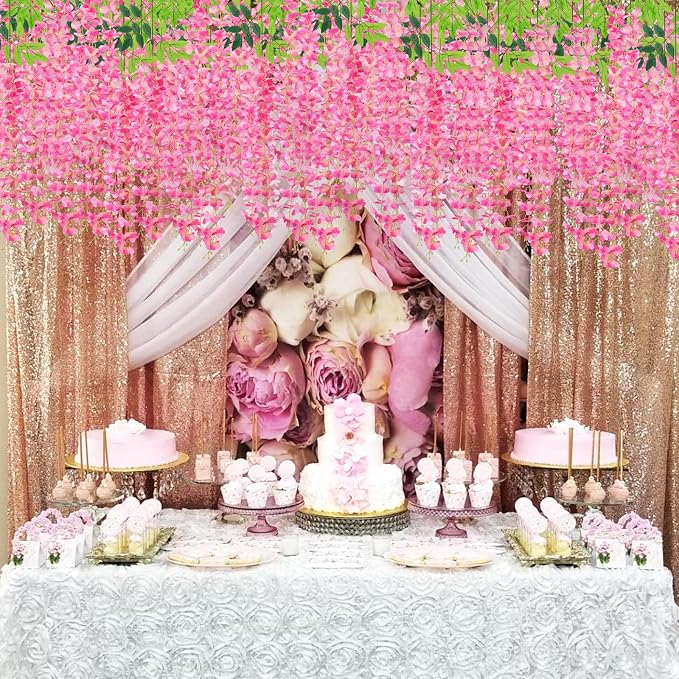36 Pack Artificial Wisteria Hanging Flowers Fake Wisteria Flower Garland Silk Vines Rattan Decor for Home Wedding Arch Wall Garden Greenery Bedroom Outdoor Office Party Decoration (Dark Pink)