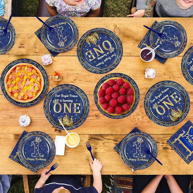 96Pcs Royal Prince 1st Birthday Party Decorations Blue Gold Baby Boy Plates and Napkins Blue Gold Little Prince Tableware Set for Boys 1st Birthday Baby Shower Party Supplies Serves 24