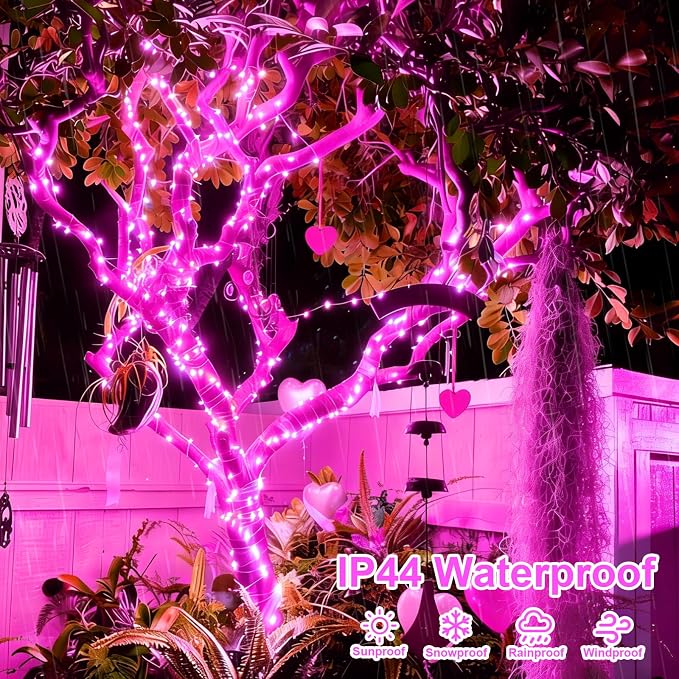 QITONG 4 Pack Solar Fairy Lights, Each 33ft 100 LED Pink Christmas String Lights Outdoor Waterproof, 8 Modes Copper Wire Twinkle Mini Lights