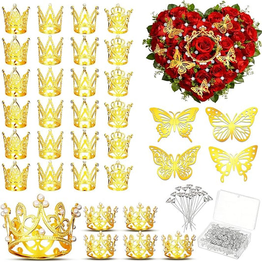 178Pcs Flower Bouquet Accessories,30 Pcs Mini Crowns for Flower Bouquets,48Pcs Gold 3D Butterfly Decorations and 100Pcs Corsage Boutonniere Pins for Wedding Baby Shower Cupcake Decor,5 Style