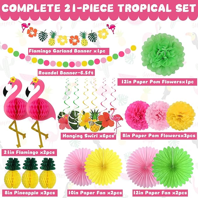 ADLKGG 21 Pcs Tropical Luau Party Decorations, 21" Large 3D Flamingo Honeycombs, Paper Fans, Banners, Hanging Swirls for Hawaiian Birthday, Summer Beach Party, Classroom Decor