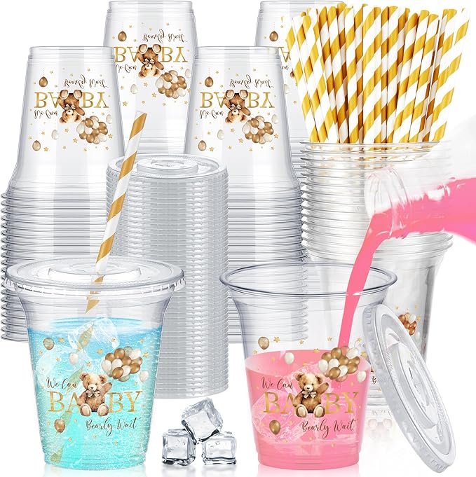 FoldTier 60 Set Baby Shower Party Plastic Cups Bulk 14 oz Disposable Clear Cups with Lids and Paper Straws for Baby Shower Bear Birthday Party Supplies Favor Decorations