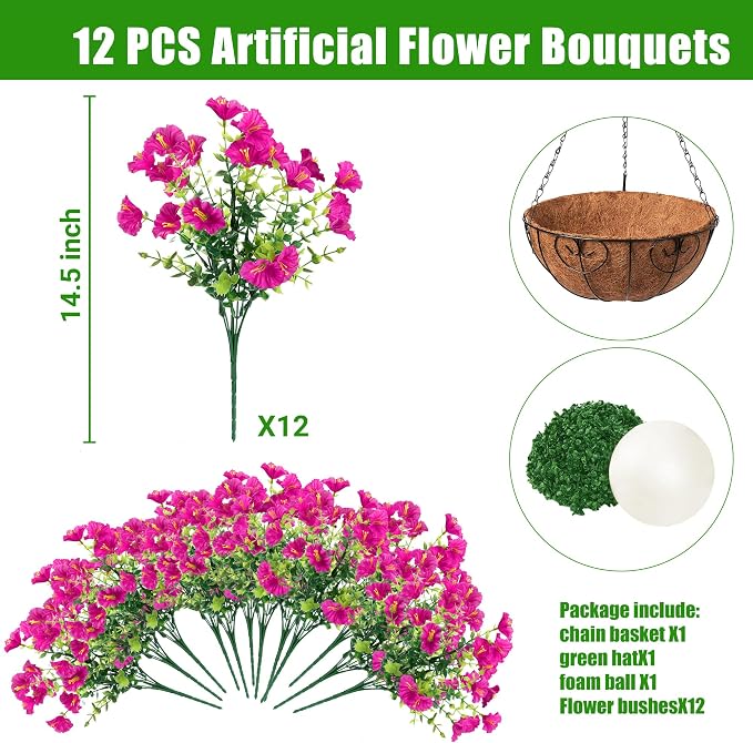Sggvecsy Artificial Flowers for Outdoors with Baskets Hanging Plant Faux Flowers UV Resistant Fake Silk Morning Glory with Eucalyptus for Planter Porch Garden Home Spring Summer Decoration(Fuchsia)