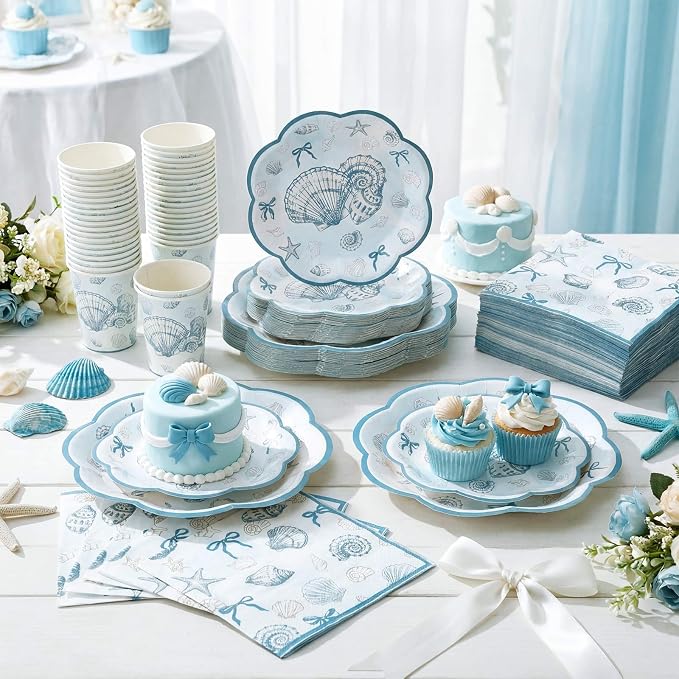 Newtay 250 Pcs Seashell Party Decorations Plates and Napkins Beach Theme Disposable Tableware Dinnerware for 50 Guests Blue Bow Seashell Paper Plates Napkins Cups for Bridal Shower Coastal Party