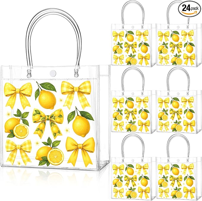 Teenyyou 24 Pcs Lemon Clear Gift Bags with Handles Yellow Bow Lemon Print Transparent Tote Bags Reusable PVC Candy Treat Gift Container for Bridal Shower, Baby Shower, Wedding, Birthday Party Favors