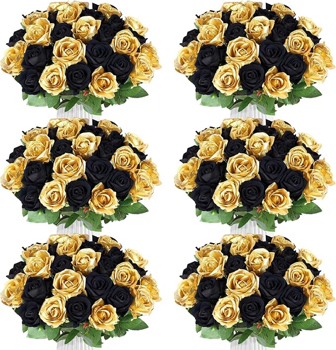 90PCS Black Gold Rose Artificial Flowers, Faux Silk Roses, Realistic Roses Bouquet for Anniversary, Baby Shower, Birthday, Graduation, Table Centerpieces, New Year's, Valentine's Day Decorations
