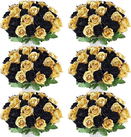 90PCS Black Gold Rose Artificial Flowers, Faux Silk Roses, Realistic Roses Bouquet for Anniversary, Baby Shower, Birthday, Graduation, Table Centerpieces, New Year's, Valentine's Day Decorations