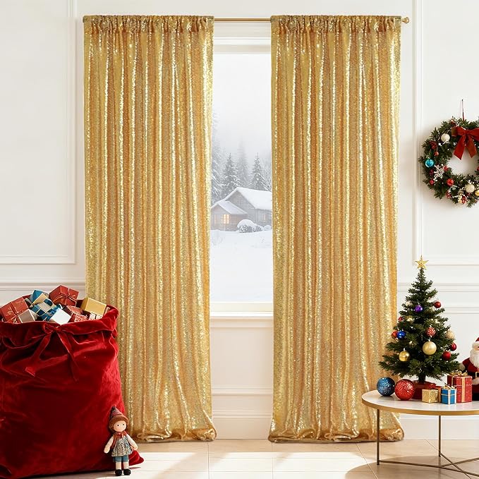 SquarePie 2 PCS 2x8ft Gold Sequin Backdrop Curtains, Satin-Backed Shimmering Photo Booth Background, 2 Panels Narrow Real Sequin Drapes with 4" Rod Pocket for Party, Baby Shower, Doorway Decor