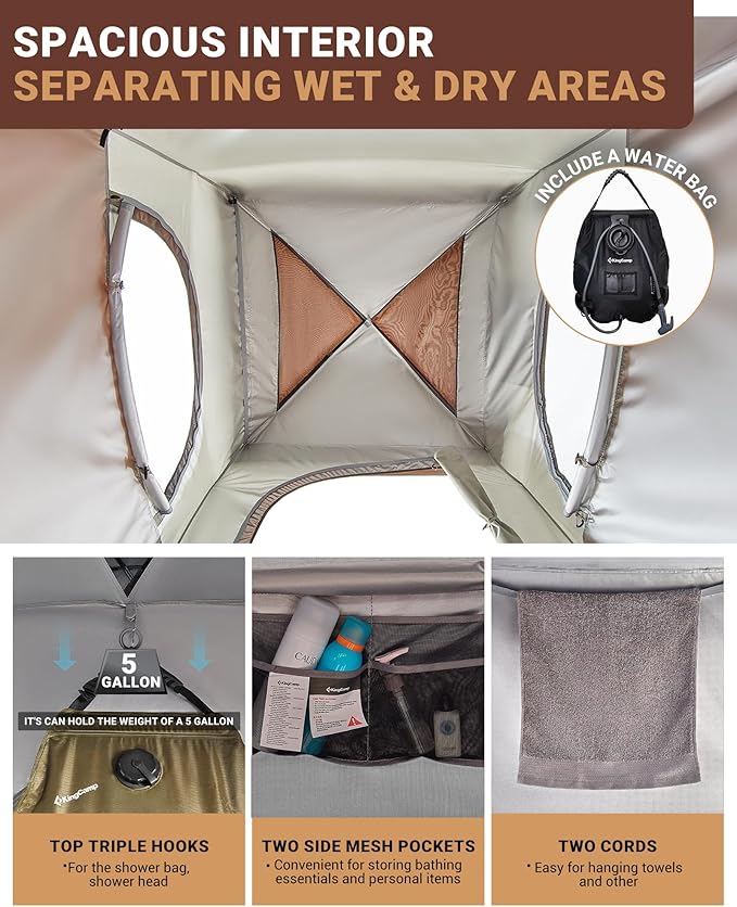 KingCamp Camping Shower Tent, Portable Outdoor Privacy Toilet & Changing Tent Windproof & Waterproof Easy Setup Shelter with Shower Bag for Camping Hiking Beach