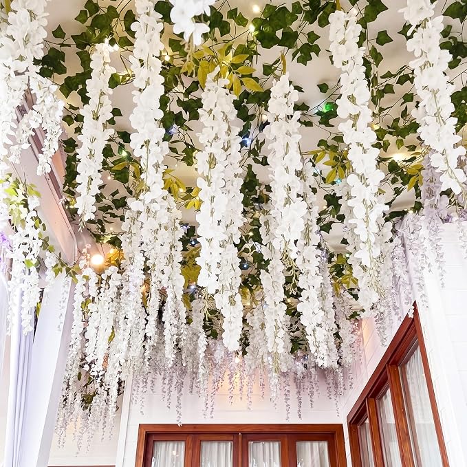 36 Pcs Fairy Party Garland Decorations Set Artificial Wisteria Hanging Flower Garland Wisteria Vines Greenery Whimsical Ceiling Decor for Classroom Wedding Party Indoor Outdoor Garden(White)