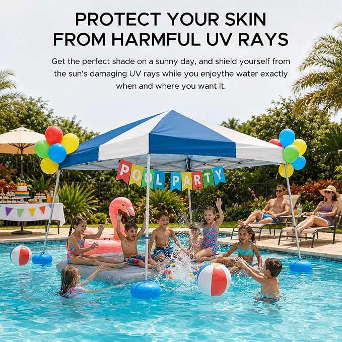 SUNJOY 10x10 FT Floating Pool Canopy Pop Up Gazebo, Gray and Navy Water Tent with Steel & Aluminum Frame, PVC Floats, Hand Pump & Carry Bag for Lake, Beach, Pool