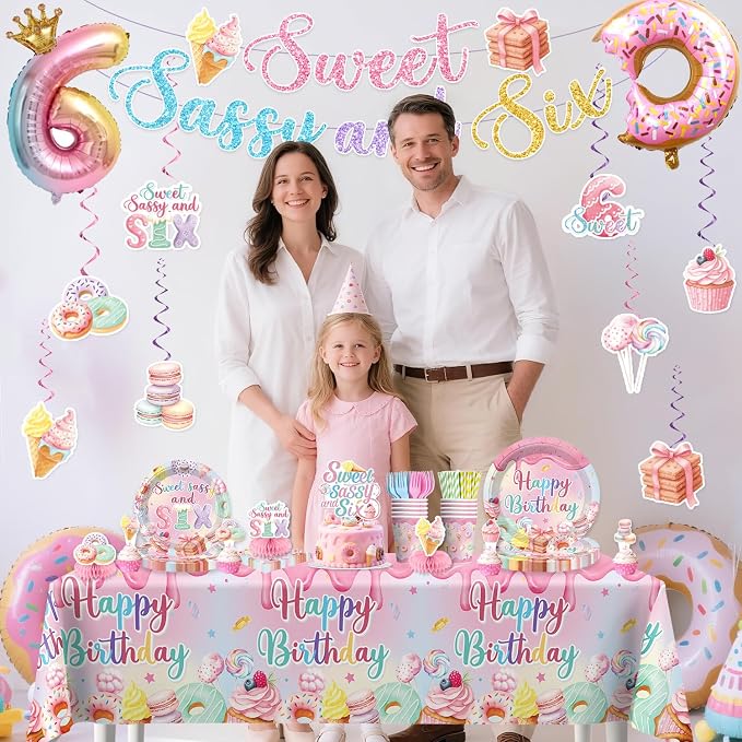 180pcs Sweet Sassy and Six Birthday Decorations with Tableware Set, Banner, Hanging, Tablecloth, Cake Topper, Centerpieces, Balloon, for 6 Year Old Girl Birthday Decorations, Serves 25