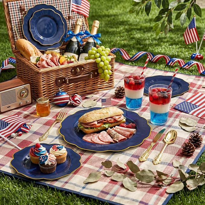 NOCCUR 175PCS Blue Plastic Plates with Disposable Silverware - Include 50 Blue Disposable Plates with Gold Rim,75 Gold Cutlery,25 Cups,25Napkins for Party/Wedding/Graduation/Independence Day