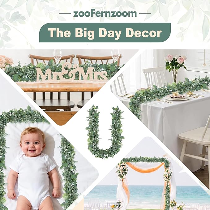 Eucalyptus Garland for Table, 6ft Faux Eucalyptus Garland with White Flowers & Seeds, 2pcs Artificial Eucalyptus Greenery Vines for Wedding Party Table Runner Backdrop Arch Mantle Handmade Wreaths