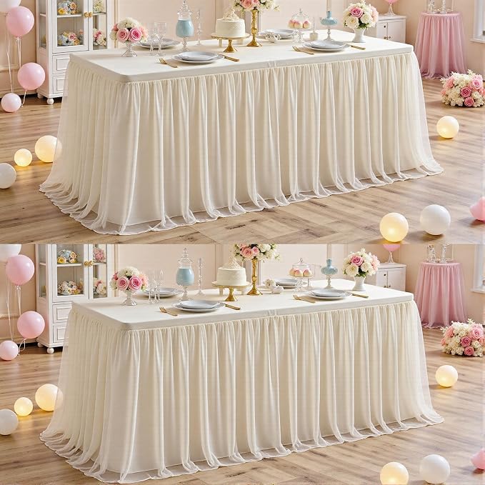 leegleri 2 pk 6ft Champagne Tulle Tablecloth for Rectangle Tables, 2-in-1 Table Covers with Tulle Skirt,Wrinkle Free Stretchy Ruffle Tulle Table Cloths Fitted for Wedding Party Banquet Vendor