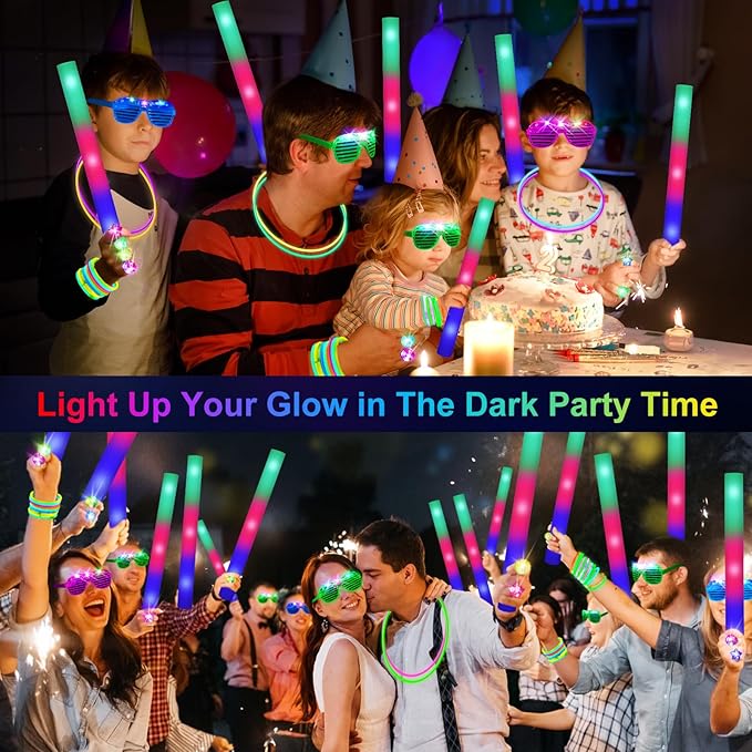 OLUPP 150 PCS Glow in the Dark Party Supplies, 16 Foam Sticks, 16 LED Glasses, 100 Glow Sticks and 18 Finger Lights for Neon Party, Wedding, Birthday, Concert, New Year, Carnivals, Raves