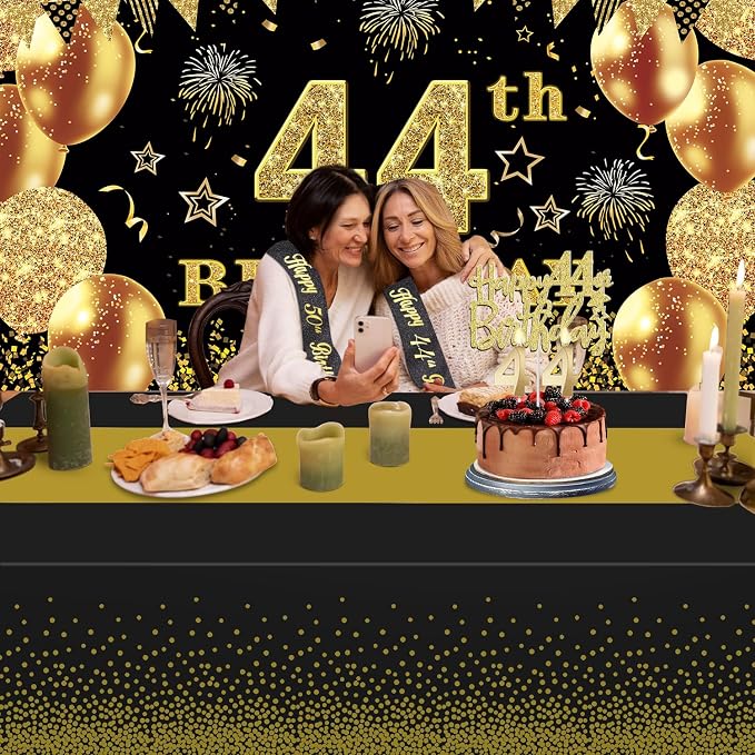 44th Birthday Decorations Men Women with 44th Birthday Banner, Black and Gold Table Cloth, Number Balloons, Large Sash, Cake Topper and Candles