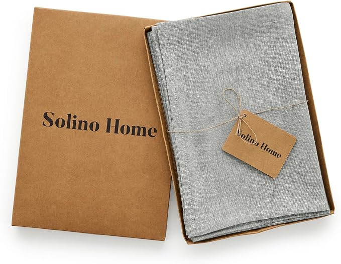 Solino Home Linen Tablecloth 60 x 132 Inch - 100% Pure Linen Chambray Grey Table Cloth for Rectangle Tables - Athena, Machine Washable Fabric Tablecloth