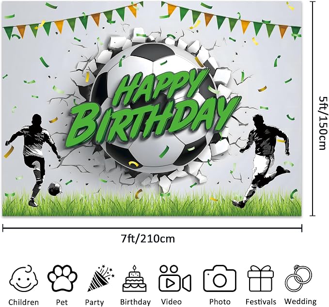Soccer Happy Birthday Backdrop Football Theme Breaking The Wall Baby Party Banner for Kids Boys Photography Background Decoration Colorful Flags Green Grass Fabric Photo Shoot Studio Props
