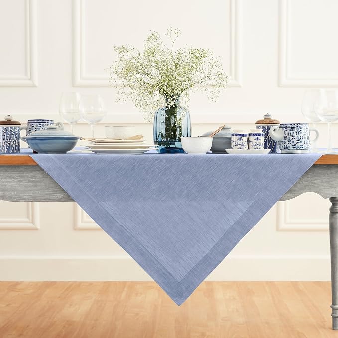 Solino Home Linen Cloth Tablecloth 52 x 52 Inch - 100% Pure Linen Chambray Blue Square Tablecloth - Athena, Machine Washable Table Throw for Summer