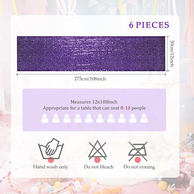54 Pieces of Purple Sequin Chair Ribbons and Table Runners, 48 Sequin Chair Bows, 6 Glitter Table Runners, Suitable for Wedding Parties Birthday Meeting Events Decorations (Purple)