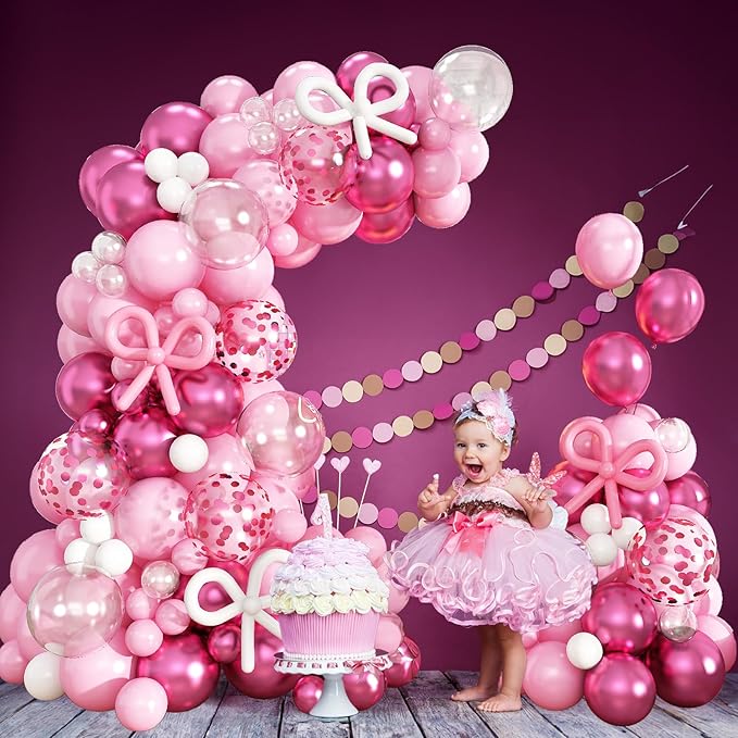 Pink Balloon Garland Arch Kit, 103 PCS Metallic Hot Light Baby Pink and Clear Balloon Bow Balloons for Girls Birthday Princess Baby Shower Wedding Party Decorations