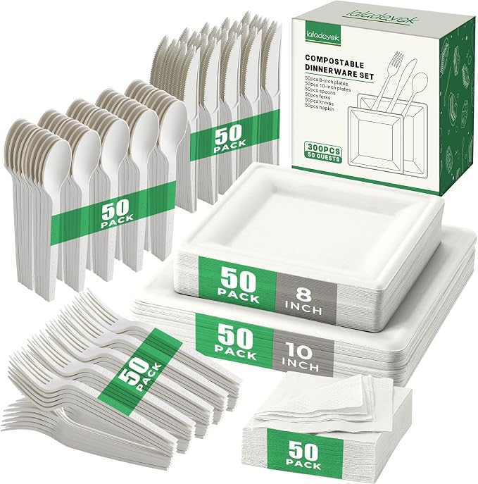 100% Compostable Paper Plates, and Biodegradable Set Includes Forks Spoons and Knives Perfect for Eco Friendly Parties and Gatherings（White 300pcs)