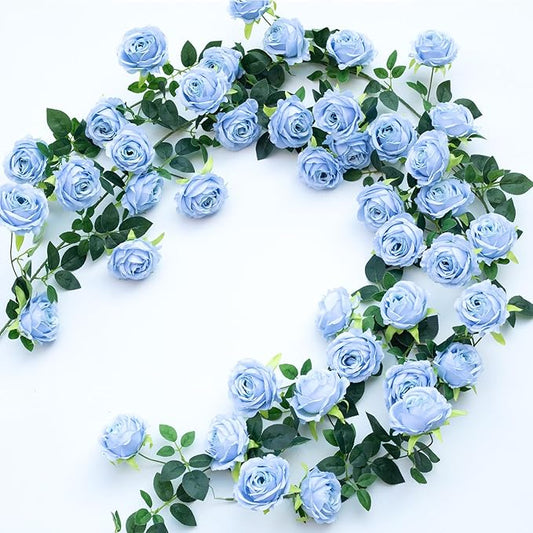 2Pcs 12Ft Bendable Artificial Flower Garland Faux Rose Vine Hanging Floral Garland for Wall Decor Trellis Fence Home Room Garden Wedding Decoration(Blue, 2pcs)