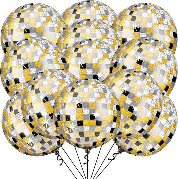 KatchOn, Huge Disco Ball Balloons -22 Inch, Pack of 12 | Black And Gold Disco Balloons for Disco Party Decorations | 360 Degree 4D Sphere Disco Balloon | Gold and Black Party Decor