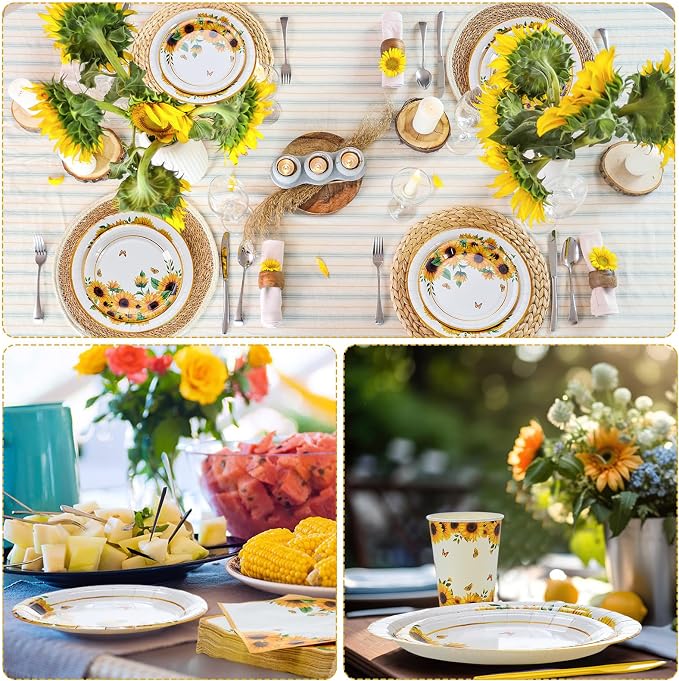 Funnymoom 400 Pcs Sunflower Party Supplies for 50 Guests Disposable Plates Napkins Cups Spoons Forks Knives for Birthday Wedding Bridal Shower Baby Shower Decorations(Yellow, Sunflower)