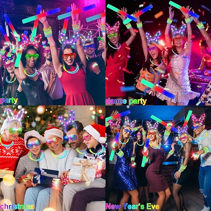 186 PCS Glow in the Dark Party Supplies,16 Foam Sticks,10 Glow Fiber Wands, 10 LED Glasses, 10 Glowing Rabbit Ears,100 Glow Sticks and 40 Finger Lights for Neon Party Birthday Carnivals Halloween