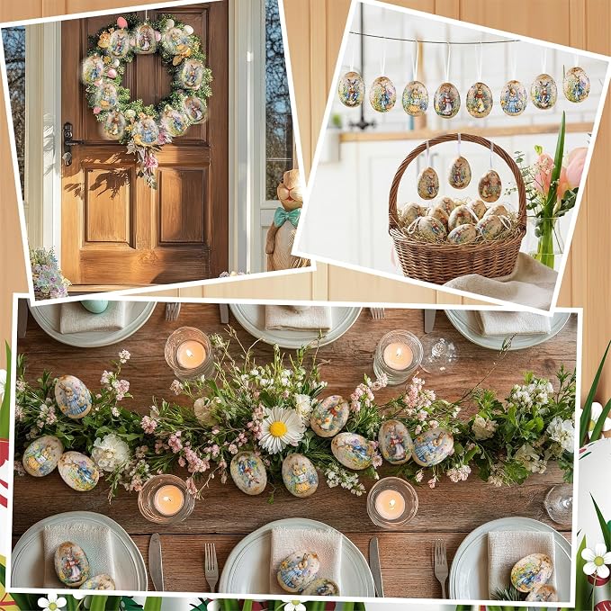 Outus 18 Pcs Easter Egg Ornaments Vintage Easter Egg Hanging Ornament Colorful Decorative Rabbit Hanging Ornaments for Tree Spring Farmhouse Home Fireplace Decoration Holiday Party Favors