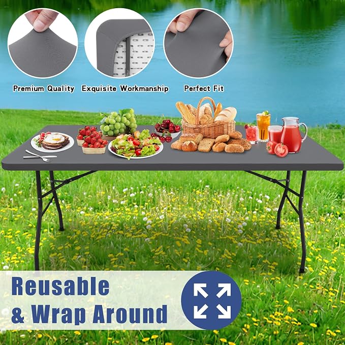 Moosfor Spandex Rectangle Table Cloth 6 Pack, Elastic Fitted Tablecloths for Picnic, Stretch Washable Patio Table Cover for Outdoor, Camping, Banquet and Parties (Grey, 24"x48")