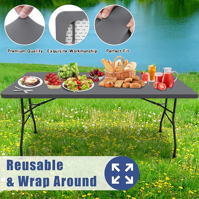 Moosfor Spandex 8 Foot Rectangle Table Cloth 4 Pack, Elastic Fitted Tablecloths for Picnic, Stretch Washable Patio Table Cover for Outdoor, Camping, Banquet and Parties (Grey, 30"x96")