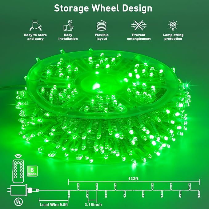 JMEXSUSS 400 LED Green Christmas Lights Indoor Outdoor, 132ft St Patrick's Day String Lights Plug in with Remote Clear Wire Christmas Tree Lights for Room Garden Patio Outside Party Xmas Tree Decor