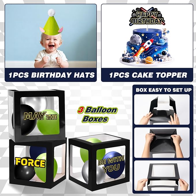 Galaxy Star Birthday Decorations Set - Space Themed Party Supplies | With Arch Balloon, Long Balloons, Backdrop, Tablecloth, Birthday Hat, Cake Topper, Banner, Sash, Poster, Balloon Boxes, Cards