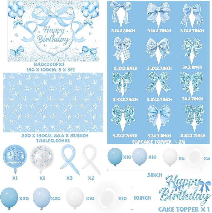 Blue Bow Party Supplies Serve 24,Coquette Birthday Decorations Include Bow Themed Tableware Tablecloth Backdrop Blue and White Balloon Arch Kit for Girls Birthday Decor