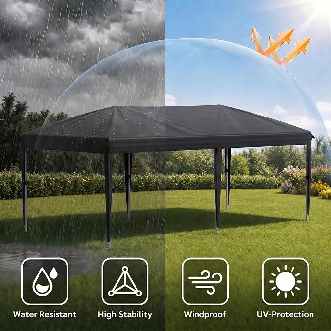 10x20 FT Portable Pop Up Canopy Tent with Sandbags, Adjustable Height Instant Gazebo Without Sidewalls,Waterproof Outdoor Canopy for Camping, Parties, Vendor Events (Black, 3m × 6m Without sidewalls)