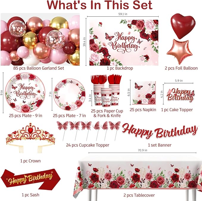 271 Pcs Burgundy Party Decorations, All-in-one Women Birthday Decorations with Burgundy Balloons, Banner, Backdrop, Plates and Napkins Set, Floral Happy Birthday Decorations Rose Gold