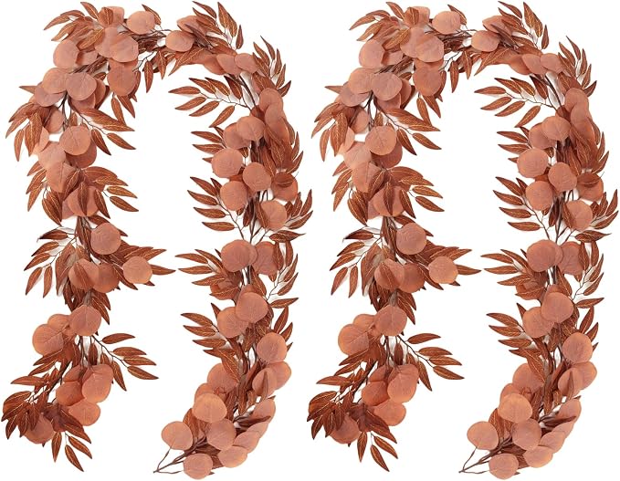 RECUTMS 2Pcs Artificial Fall Eucalyptus Garland with Willow Leaves 6Ft Hanging Silk Orange Leaf Vine Greenery Faux Ivy Plants Indoor Outdoor Home Office Party Wedding Table Arch Fireplace Autumn Decor
