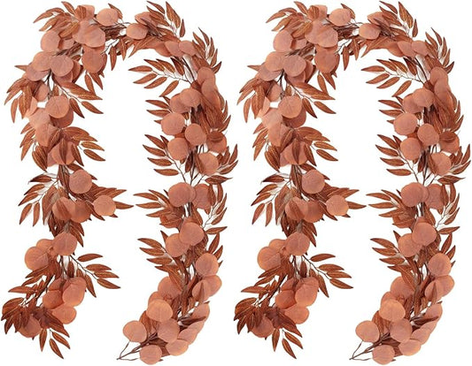 RECUTMS 2Pcs Artificial Fall Eucalyptus Garland with Willow Leaves 6Ft Hanging Silk Orange Leaf Vine Greenery Faux Ivy Plants Indoor Outdoor Home Office Party Wedding Table Arch Fireplace Autumn Decor